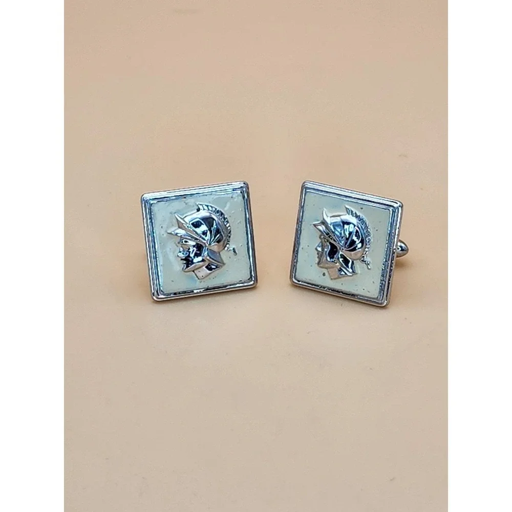 74 Yr Old Vtg SWANK USA Roman Soldier Cameo Cufflinks Silver Tone Cream Enamel
